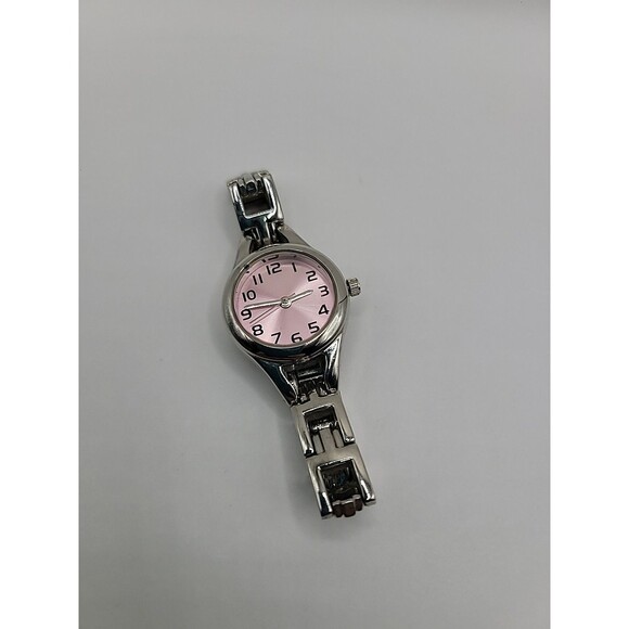 Vintage Womens Silver Tone Wristwatch Watch Pink Dial Quartz Analog Bracelet - Picture 1 of 11